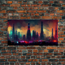 Load image into Gallery viewer, Dystopian Cyberpunk City, ready to hang canvas print wall art, framed canvas wall art, mancave wall art, Cyberpunk Art