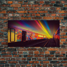 Load image into Gallery viewer, Box car graffiti art, wall decor, train box car, ready to hang canvas print wall art, rainbow train wall art