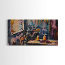 Load image into Gallery viewer, Funny Werewolf Having a Cheeseburger in a diner, framed canvas print, halloween decor