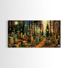 Load image into Gallery viewer, Colorful Haunted Grave Yard In The Spring Time, Framed Canvas Print, Spooky Wall Art, Halloween Spooky Season Decor