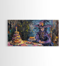 Load image into Gallery viewer, Birthday Party for One, Springtime Witch and A Birthday Cake, Framed Canvas Print, Funny Halloween Art