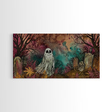 Carregar imagem no visualizador da galeria, Cute Ghost In The Cemetery, Framed Canvas Print, Halloween Wall Decor, Halloween Trinkets