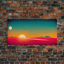 Load image into Gallery viewer, Art Deco Wall Decor, Wall Art, Framed Canvas Print, Retro Style Sunset Art, Scifi Wall Decor, 2 Suns