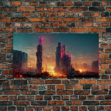 Load image into Gallery viewer, Cyberpunk city canvas, video game concept art, living room wall art, dystopian art, outrun style city at sunset, man cave art canvas print