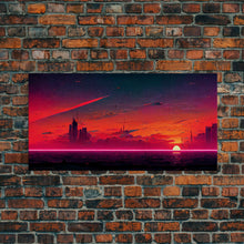 Load image into Gallery viewer, Cyberpunk lake art, city canvas, video game concept art, living room wall art, dystopian art, outrun city at sunset, man cave canvas print