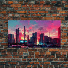 Load image into Gallery viewer, Cyber punk city skyline canvas print, outrun sunset, synthwave, vapor wave, dystopian city at sun set, mancave wall art, video game concept
