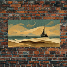 Load image into Gallery viewer, Art deco canvas print, pirate ship at sea beyond the sand dunes, living room wall art