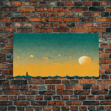 Load image into Gallery viewer, Art deco light house at sunset canvas print, sunset, vintage 20s style wall art, 30s style wall art, orange and turquoise sunset art