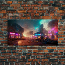 Load image into Gallery viewer, Destitute cyberpunk city with neon signs wall art, Bladerunner vibes art, synthwave style art, cool wall art