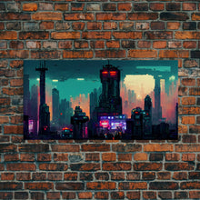 Load image into Gallery viewer, cyberpunk city pixel art canvas print, wall art, Bladerunner vibes art, synthwave style art, cool wall art