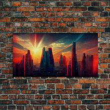 Load image into Gallery viewer, Cyberpunk canvas print, cyber punk city at sunset, Bladerunner vibes art, synthwave style art, cool wall art, night city
