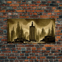 Load image into Gallery viewer, Dystopian Metropolis Art Deco Canvas Print, City Skyline, Fantasy Art, Art Deco Living Room Art, ready to hang wall art