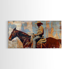 Load image into Gallery viewer, Cowboy on Horseback, Textured Background, Modern Living Room Art, Framed Canvas Print, Rustic Home Decoration, Boho Wall Art