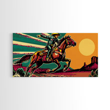Load image into Gallery viewer, Vintage Cowboy Riding Horse, Western Sunset Wall Art, Framed Canvas Print, Rustic Decor, Cowboy Art, Country Living Room