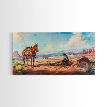 Load image into Gallery viewer, Cowboy Resting with Horse in Desert Landscape, Classic Western Art, Framed Canvas Print, Rustic Wall Decor, Living Room Decoration