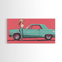 Load image into Gallery viewer, Cowgirl Leaning Against Classic Car in Pop Art Style, Vibrant Framed Canvas Print for Bedroom, Perfect Living Room Wall Art