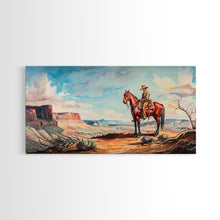 Load image into Gallery viewer, Cowboy on Horse Overlooking Canyon, Majestic Western Art, Framed Canvas Print, Boho Wall Art, Living Room Decor, Home Decoration