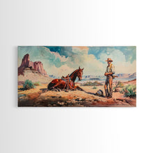 Load image into Gallery viewer, Cowboy and Horse in Desert Landscape, Rustic Farmhouse Art, Framed Canvas Print, Western Decor, Living Room Wall Art, Country Style