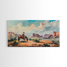 Load image into Gallery viewer, Cowboy Gazing Over Expansive Desert, Boho Western Landscape Art, Framed Canvas Print, Living Room Wall Decor, Rustic Country Style