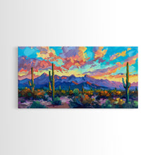 Load image into Gallery viewer, Expansive Desert Landscape at Sunset, Colorful Southwestern Art, Framed Canvas Print, Boho Living Room Wall Decor, Desert Scene