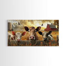 Carregar imagem no visualizador da galeria, Cute cows peeking through barn fence, Framed Canvas Print, ideal for farmhouse living room, country style wall art decor