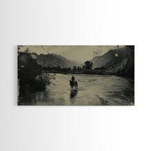 Load image into Gallery viewer, Cowboy Crossing River with Mountains, Framed Canvas Print for Western Living Room Decor, Ideal Bedroom Wall Art, Rustic Scene