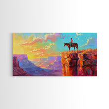 Load image into Gallery viewer, Cowboy on Horse Overlooking Canyon Sunset, Farmhouse Style Framed Canvas Print for Living Room Wall Art, Vibrant Home Decor, Western Scene