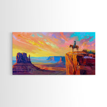 Load image into Gallery viewer, Cowboy with Horse on Cliff Edge, Farmhouse Style Framed Canvas Print for Living Room Wall Art, Vibrant Home Decor, Western Scenic Art