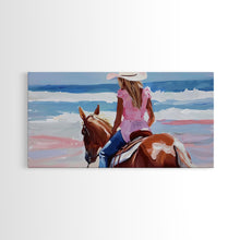 Load image into Gallery viewer, Cowgirl Riding Horse by the Ocean, Tranquil Framed Canvas Print, Perfect for Coastal Living Room Art, Beach Bedroom Decor, Horse Wall Art