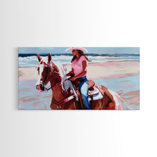 Load image into Gallery viewer, Cowgirl on Horse at the Beach, Stunning Framed Canvas Print, Ideal for Coastal Living Room Art, Beach Bedroom Decor, Equestrian Wall Art