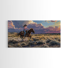 Load image into Gallery viewer, Cowgirl Galloping Across Desert Landscape, Vibrant Framed Canvas Print, Perfect for Living Room Art, Western Bedroom Decor, Desert Wall Art