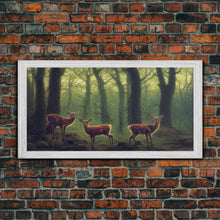 Load image into Gallery viewer, Does in a majestic forest, whitetail deer art, framed canvas print, ready to hang framed wall art