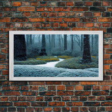 Carregar imagem no visualizador da galeria, Cabin art, snow covered winter forest, winter vacation home art, framed canvas print, ready to hang framed wall art