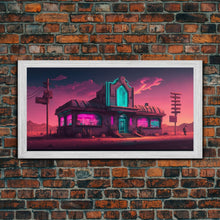 Load image into Gallery viewer, Art Deco Cyberpunk Diner, Wild West Mashup Art, Framed Canvas Print, Neon Art, Wild West Concept Art