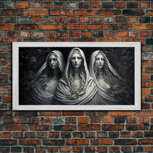 Load image into Gallery viewer, The Norns, Norse Mythology, Weavers of Fate, Framed Canvas Print, Urðr, Verðandi, and Skuld, Black and White Norse Fantasy Art