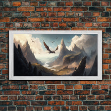 Load image into Gallery viewer, Dragons in Flight Over a Valley, Fantasy Art, Framed Canvas Print, Medieval Fantasy Art, Fire breathing dragons