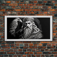Load image into Gallery viewer, Black and White Portrait of Odin and Muninn, King of The Gods, Framed Canvas Print, Odin's Ravens, Norse Mythology Art