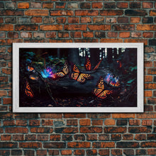 Carregar imagem no visualizador da galeria, Glowing butterflies, fantasy forest wall art, framed canvas print, mother's day, mom gift, monarch butterflies