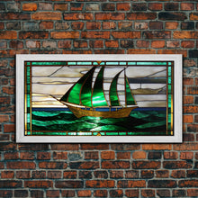 Load image into Gallery viewer, Emerald Green and Gold Art Deco Sail Boat, Framed Canvas Print, Retro MCM Style Wall Art, Midcentury Modern, Vintage Style, Stained Glass