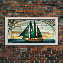 Load image into Gallery viewer, Emerald Green and Gold Art Deco Sail Boat, Framed Canvas Print, Retro MCM Style Wall Art, Midcentury Modern, Stained Glass, Huge Art
