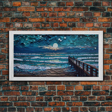 Carregar imagem no visualizador da galeria, Full Moon Over Beach & Ocean Waves - Framed Canvas Print - Lighthouse and Beach Art - Lakehouse Art - Beach House - Living Room Decor