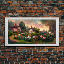 Load image into Gallery viewer, English cottage with rose garden, canvas print, cute English countryside wall art