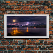 Carregar imagem no visualizador da galeria, Full moon canvas print, Lightning storm over a mountain lake at night, cool wall art, awesome wall art