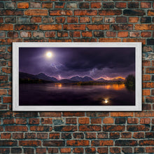 Carregar imagem no visualizador da galeria, Full moon canvas print, Lightning storm over a mountain lake at night, cool wall art, awesome wall art