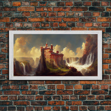 Cargar imagen en el visor de la galería, Fantasy wall art, canvas print, castle in the sky, castle atop mountains and waterfalls, watercolor