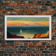 Carregar imagem no visualizador da galeria, Canvas print of sail boats on the ocean, sailing at sunset, cool lakehouse art, living room wall art, sailboats, watercolor