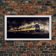 Load image into Gallery viewer, Black Yellow Locomotive Wall Decor, Railroad Wall Decor, Railway Wall Art, Panoramic Wall Decor, Canvas Print, Wall Art, Framed Canvas Art