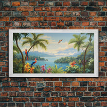 Load image into Gallery viewer, Animal Wall Art, Bird Art Print, Wall Hanging, Parrot Painting, Tropical Wall Art, Panoramic Art, Wall Art, Canvas Art, Landscape Art