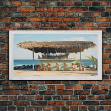 Load image into Gallery viewer, Beachside Tiki Hut Bar and Grill, Framed Canvas Print, Liminal Art, Framed Wall Decor Beach Photography, Surf Art, Surf Print Nautical Decor