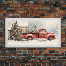 Cargar imagen en el visor de la galería, Christmas Tree Delivery - Retro Farmhouse Christmas Decor - Old Red Truck Delivering Christmas Trees - Framed Canvas Print - Holiday Decor